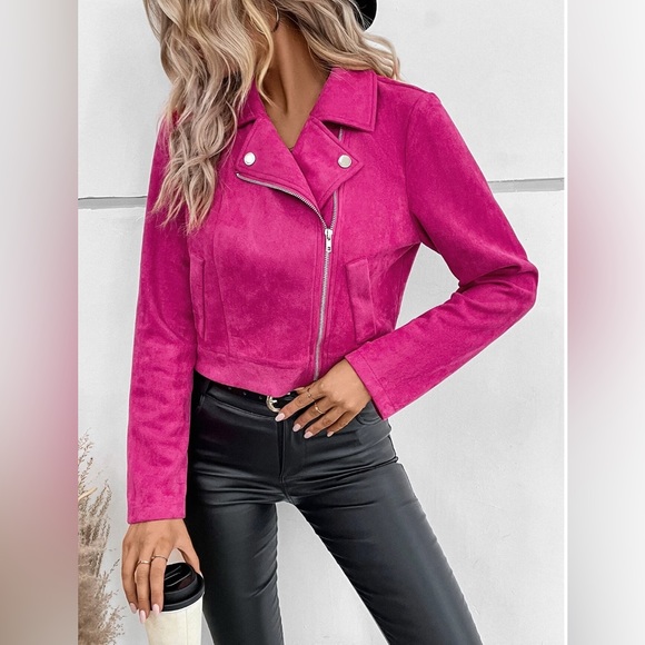 Zip Up Vegan Suede Moto Jacket Hot Pink - Picture 4 of 7